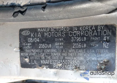 2005 Kia Spectra Ex/Lx/Sx from USA, damaged, VIN KNAFE121455079350